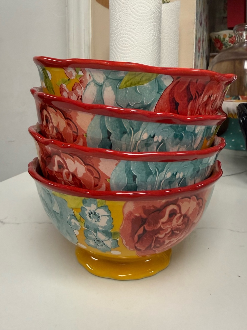 Decorative Floral Ceramic Bowl - Red Trim, Multicolor